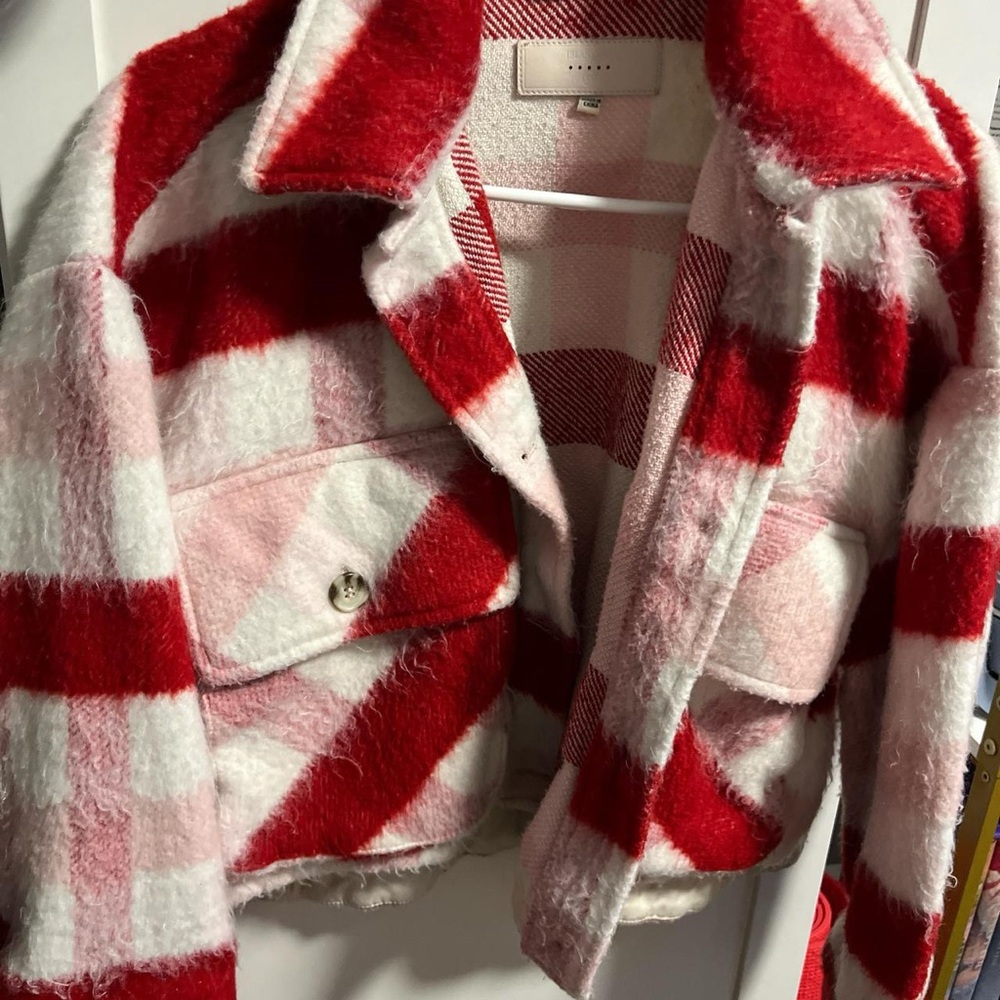 Blank NYC Teddy Jacket Red and White Cozy Fuzzy Material
